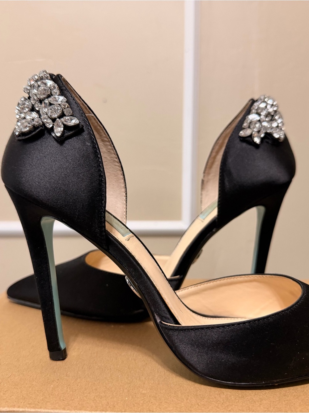 Betsey Johnson Black Satin D'Orsay Pumps with Crystal Heel Accents
